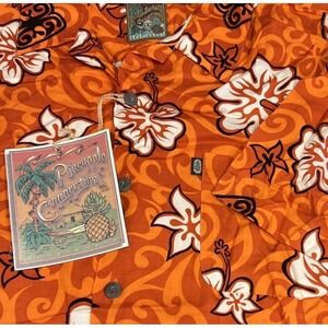 NWT Pineapple Connection Short Sleeve Button Hawaiian Shirt Rayon Orange Size M